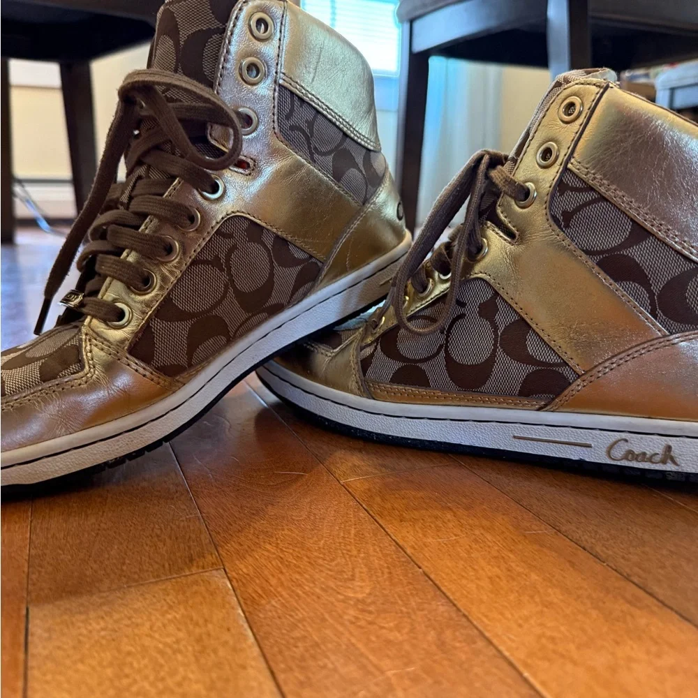 Coach Metallic Gold and Brown High-Top Sneakers - Picture 2 of 16